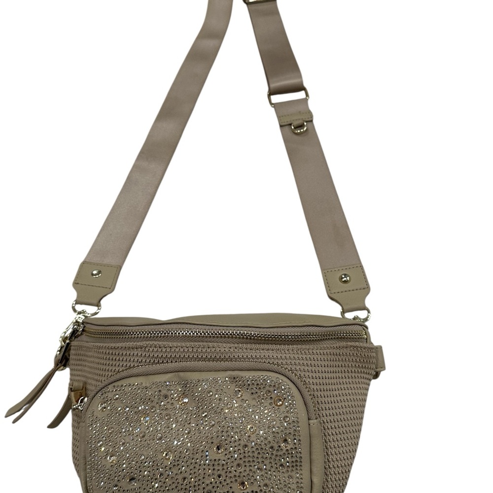 Elegant Taupe Crossbody Bag with Rhinestone Detailing